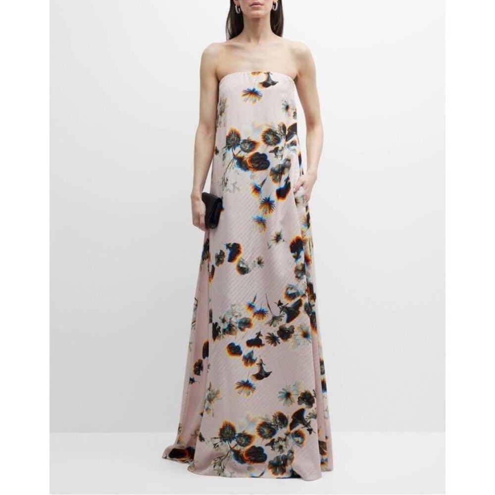 Brandon Maxwell Serena Strapless Blur Floral-Print Logo Jacquard Gown